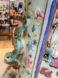 A pair of large Chinese famille rose celadon-ground 'Romance of the Three Kingdoms' vases, 19th C.