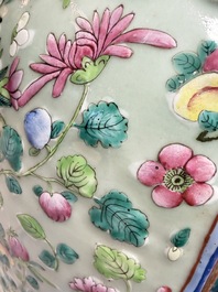 A pair of large Chinese famille rose celadon-ground 'Romance of the Three Kingdoms' vases, 19th C.