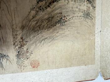 Three Chinese school paintings, ink and colour on silk and paper, signed Cui Feng 崔鳯, Wang Tingrong 王廷榕, Sushi 苏氏 seal mark, 19/20th C.