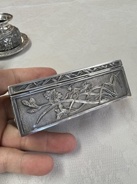 A pair of Chinese silver jarlets, a pair of saucer dishes, a rectangular casket and a cylindrical box, 19/20th C.