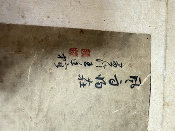 Three Chinese school paintings, ink and colour on silk and paper, signed Cui Feng 崔鳯, Wang Tingrong 王廷榕, Sushi 苏氏 seal mark, 19/20th C.