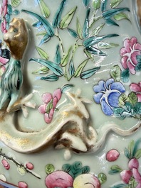 A pair of large Chinese famille rose celadon-ground 'Romance of the Three Kingdoms' vases, 19th C.