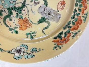 A pair of Chinese famille verte caf&eacute;-au-lait-ground plates with floral design, lotus mark, Kangxi