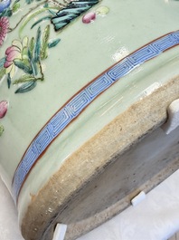 A pair of large Chinese famille rose celadon-ground 'Romance of the Three Kingdoms' vases, 19th C.