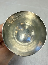 A Chinese silver 'Dragon' vase, two stem cups and a handled cup, various marks, 19/20th C.
