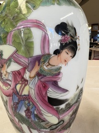 A pair of Chinese famille rose 'Dream of the Red Chamber 紅樓夢' vases, Jing De Zhen Zhi 景德鎮製 mark, signed Zhao Huimin 趙惠民, dated 1961