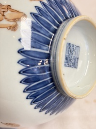 A pair of Chinese blue and white iron-red-decorated 'Three Star Gods' bowls, Qianlong mark and of the period