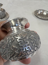 A pair of Chinese silver jarlets, a pair of saucer dishes, a rectangular casket and a cylindrical box, 19/20th C.