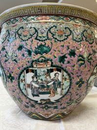 A Chinese famille verte pink-ground scroll pot with narrative design, 19th C.