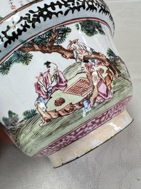 A pair of Chinese Canton enamel 'Wang Zhi Lan Ke 王質爛柯' and 'Poem' covered bowls, 18th C.