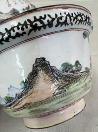 A pair of Chinese Canton enamel 'Wang Zhi Lan Ke 王質爛柯' and 'Poem' covered bowls, 18th C.
