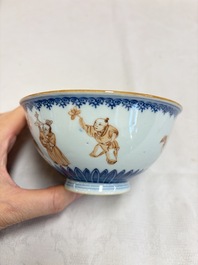 A pair of Chinese blue and white iron-red-decorated 'Three Star Gods' bowls, Qianlong mark and of the period