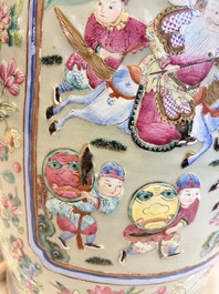 A pair of large Chinese famille rose celadon-ground 'Romance of the Three Kingdoms' vases, 19th C.