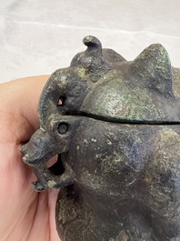 A rare Chinese archaistic bronze bear-form wine vessel, Gong 觥, Han or later
