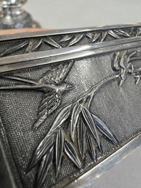 A pair of Chinese silver jarlets, a pair of saucer dishes, a rectangular casket and a cylindrical box, 19/20th C.