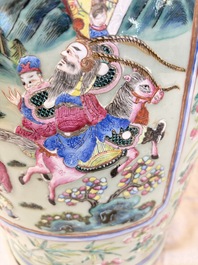 A pair of large Chinese famille rose celadon-ground 'Romance of the Three Kingdoms' vases, 19th C.