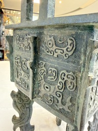 A Chinese archaistic bronze censer with Taotie design, Fang Ding 方鼎, Ming