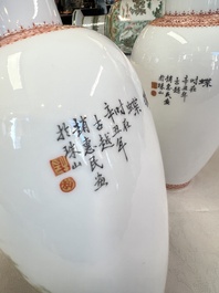 A pair of Chinese famille rose 'Dream of the Red Chamber 紅樓夢' vases, Jing De Zhen Zhi 景德鎮製 mark, signed Zhao Huimin 趙惠民, dated 1961