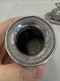 A pair of Chinese silver jarlets, a pair of saucer dishes, a rectangular casket and a cylindrical box, 19/20th C.