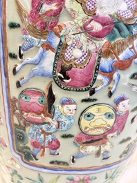 A pair of large Chinese famille rose celadon-ground 'Romance of the Three Kingdoms' vases, 19th C.