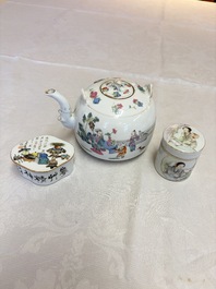A Chinese famille rose teapot and two covered boxes, Republic