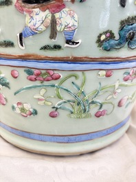 A pair of large Chinese famille rose celadon-ground 'Romance of the Three Kingdoms' vases, 19th C.