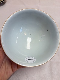 A pair of Chinese blue and white iron-red-decorated 'Three Star Gods' bowls, Qianlong mark and of the period