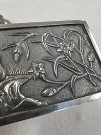 A pair of Chinese silver jarlets, a pair of saucer dishes, a rectangular casket and a cylindrical box, 19/20th C.