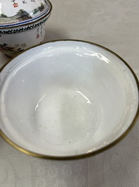 A pair of Chinese Canton enamel 'Wang Zhi Lan Ke 王質爛柯' and 'Poem' covered bowls, 18th C.