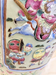 A pair of large Chinese famille rose celadon-ground 'Romance of the Three Kingdoms' vases, 19th C.