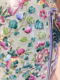 A pair of large Chinese famille rose celadon-ground 'Romance of the Three Kingdoms' vases, 19th C.