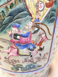 A pair of large Chinese famille rose celadon-ground 'Romance of the Three Kingdoms' vases, 19th C.