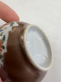 A Chinese famille rose capucine-ground covered teapot with floral design, seven cups and saucers, Yongzheng/Qianlong