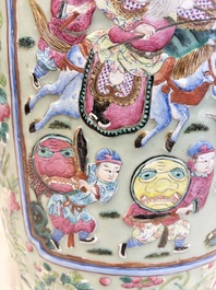 A pair of large Chinese famille rose celadon-ground 'Romance of the Three Kingdoms' vases, 19th C.