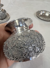 A pair of Chinese silver jarlets, a pair of saucer dishes, a rectangular casket and a cylindrical box, 19/20th C.