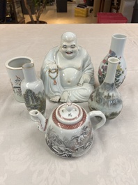 A group of three Chinese famille rose vases, a bitong, a covered teapot and a Buddha, Yongzheng, Qianlong and Xue Changsen 薛長森 marks, 19/20th C.