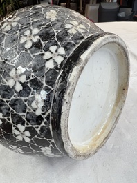 A rare Chinese famille noire 'Prunus on Cracked Ice' vase with 'Chilong' handles, 19th C.
