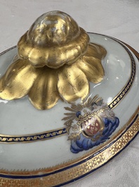 A Chinese export blue-and-orange-enamelled gilt-decorated covered tureen and stand with a Catholic Marian emblem, Jiaqing