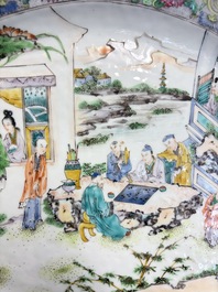 Two Chinese Canton famille verte serving dishes, a square bowl and stand with figural design, 19th C.