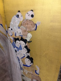 A Japanese six-panel folding screen or byōbu depicting children playing with an elephant, ink, colour and gold leaf on paper, Meiji, 19th C.