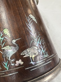 Two Vietnamese waterpipes in wood, silver and metal, one with mother-of-pearl inlay, 19th C.