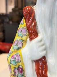 Three Chinese famille rose 'Three Star Gods' figures, Mao Jisheng 茂記生 and Ding Yisheng 丁義盛 marks, Republic