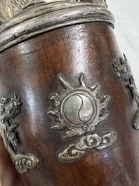 Two Vietnamese waterpipes in wood, silver and metal, one with mother-of-pearl inlay, 19th C.