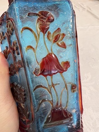 A Chinese red-overlay blue glass 'Cranes' hexagonal vase, Qianlong mark and of the period
