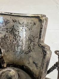 Two Vietnamese waterpipes in wood, silver and metal, one with mother-of-pearl inlay, 19th C.
