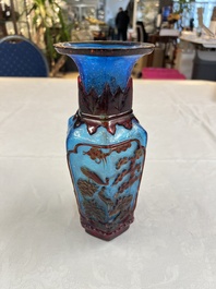 A Chinese red-overlay blue glass 'Cranes' hexagonal vase, Qianlong mark and of the period