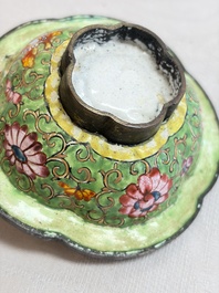 A Chinese celadon jade belt hook mounted as a handle on a Canton enamel bowl, Qing