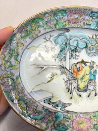Two Chinese Canton famille verte serving dishes, a square bowl and stand with figural design, 19th C.
