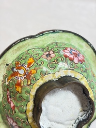 A Chinese celadon jade belt hook mounted as a handle on a Canton enamel bowl, Qing