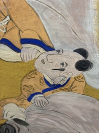 A Japanese six-panel folding screen or byōbu depicting children playing with an elephant, ink, colour and gold leaf on paper, Meiji, 19th C.